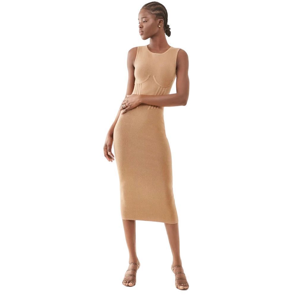Good American Corset Waist Ribbed Midi Sleeveless Dress Women’s Taupe Size 5/6